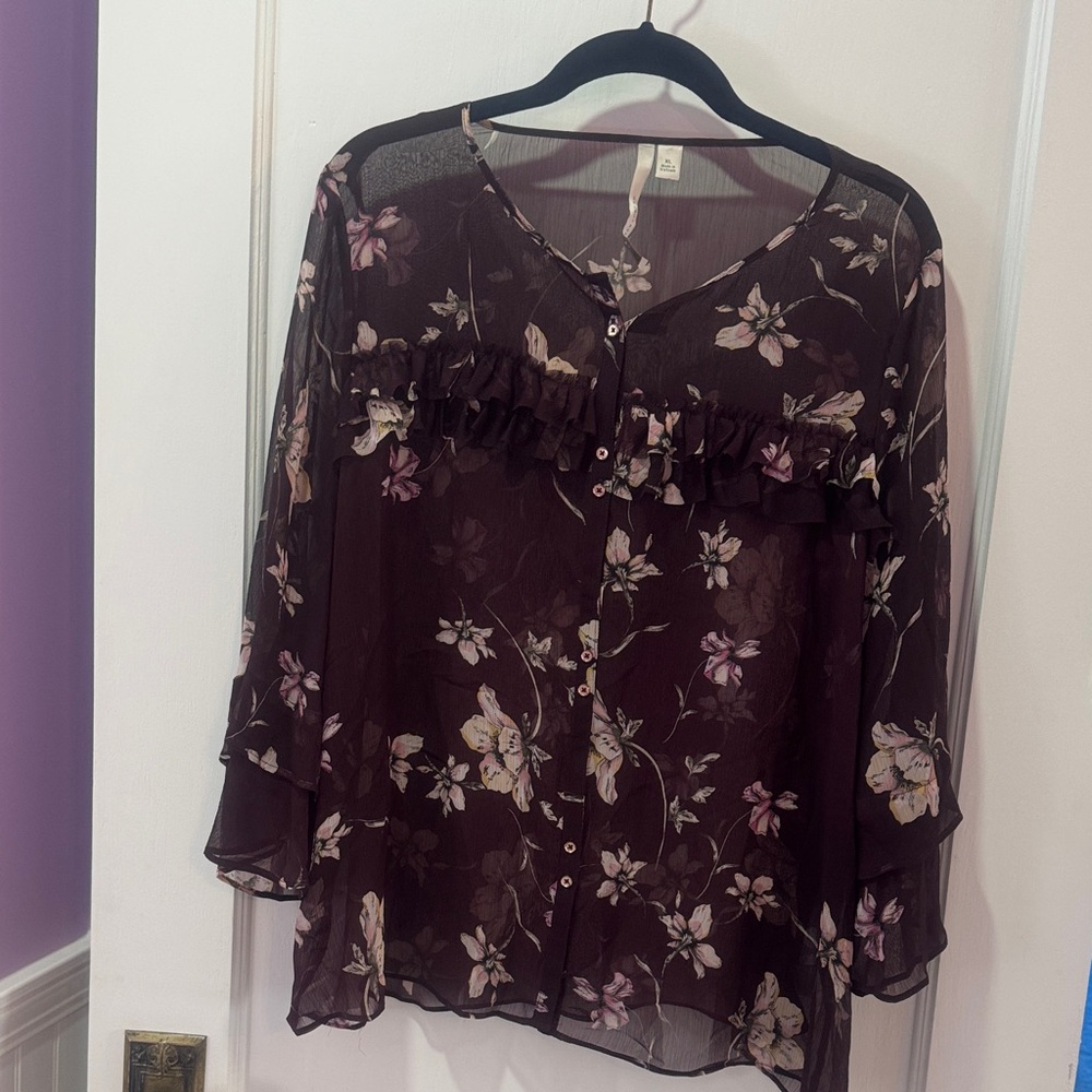 LC Lauren Conrad Floral Sheer Blouse - Burgundy and Pink